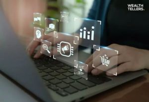 Person typing on laptop with digital icons for analytics, marketing, AI, and e-commerce floating above the keyboard.