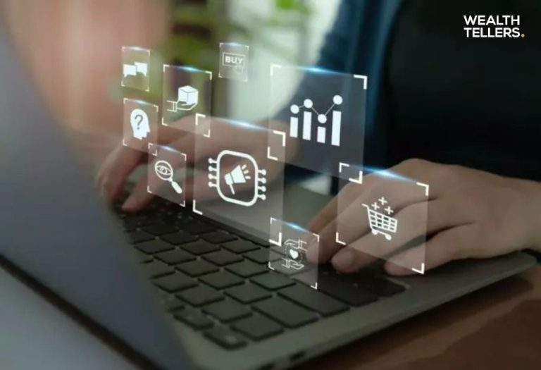 Person typing on laptop with digital icons for analytics, marketing, AI, and e-commerce floating above the keyboard.