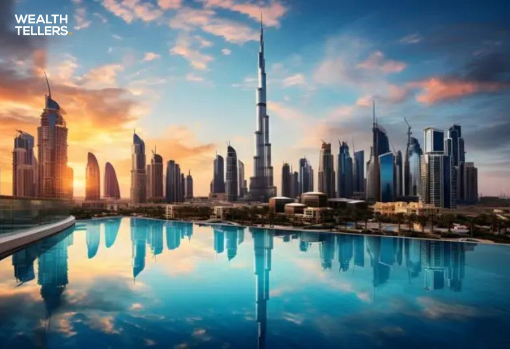 Stunning view of Dubai skyline with Burj Khalifa reflecting in infinity pool at sunrise, symbolizing business growth.