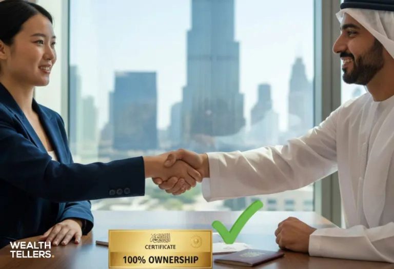 Emirati businessman and foreign investor shaking hands in Dubai office after receiving 100% ownership certificate.
