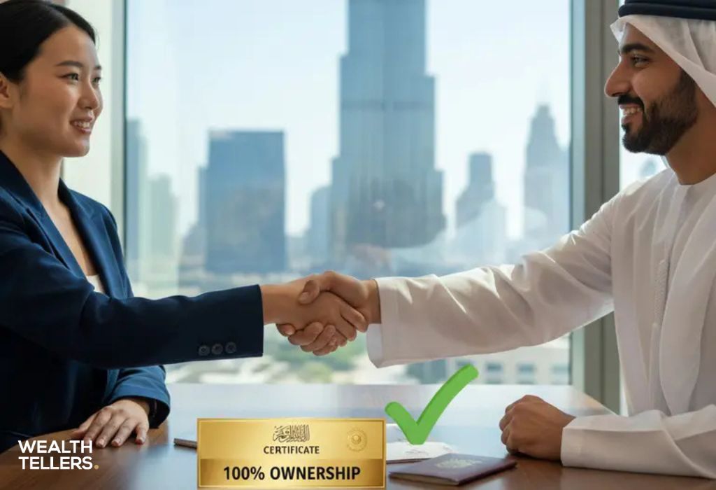 Emirati businessman and foreign investor shaking hands in Dubai office after receiving 100% ownership certificate.
