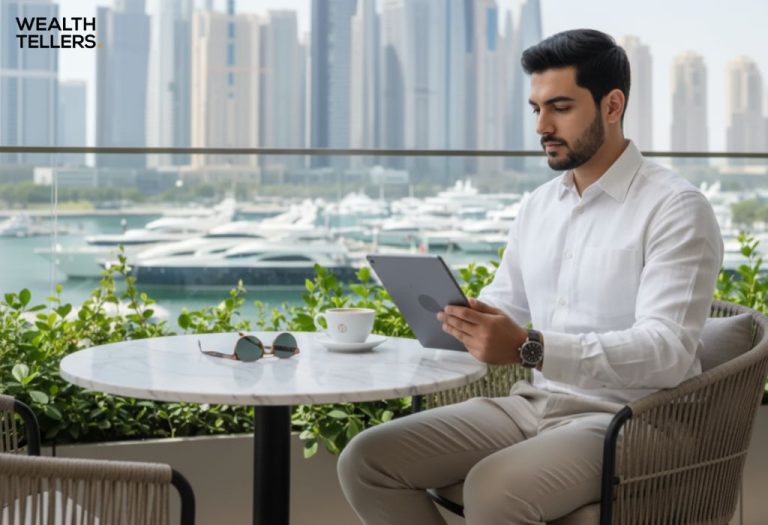A businessman in white shirt using a tablet at a marina café with yachts and Dubai skyline in the background.