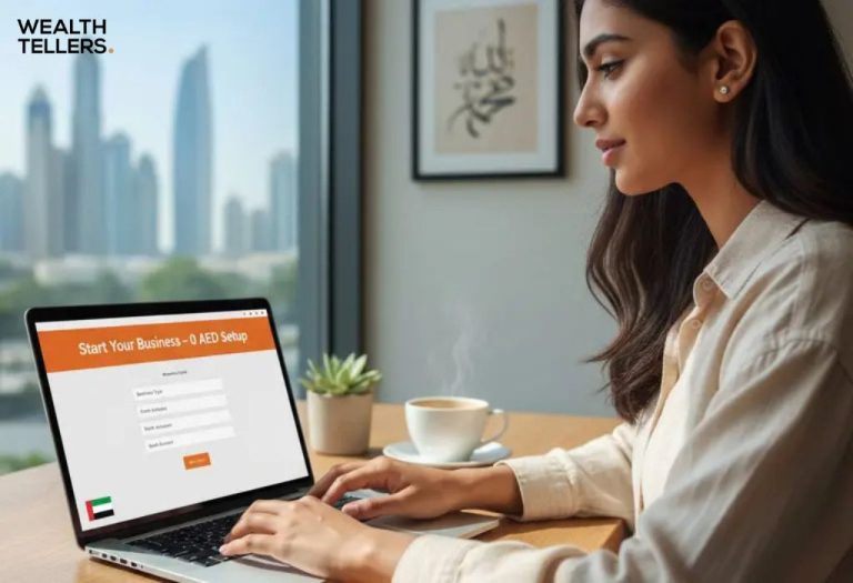 Woman working on laptop showing “Start Your Business – 0 AED Setup” page, with Dubai skyline visible through window.