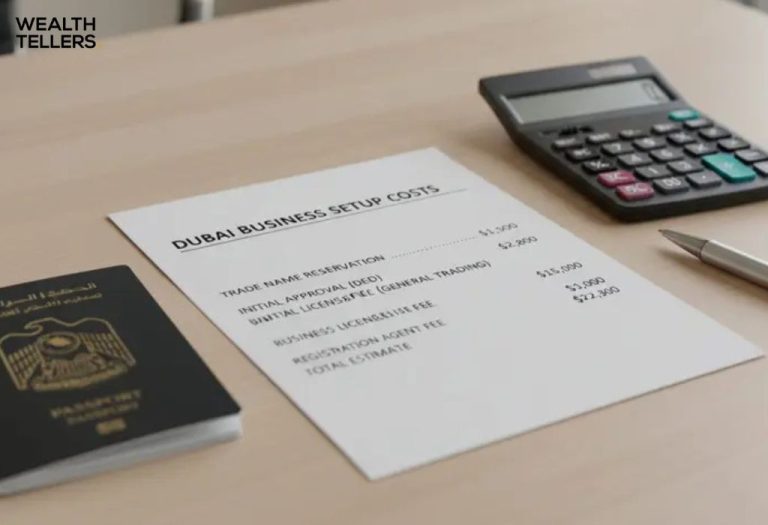 Document titled “Dubai Business Setup Costs” beside UAE passport, calculator, and pen on a wooden desk in office.