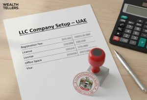 Document titled “LLC Company Setup – UAE” with red approval stamp, calculator, and pen on office desk.