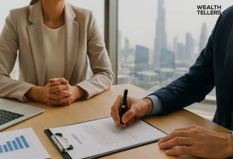 Two business professionals sit at a desk with documents as one signs an agreement in a modern office setting.