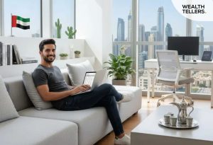 Smiling man working on laptop in modern Dubai apartment with UAE flag, skyline view, and Arabic coffee set on table.
