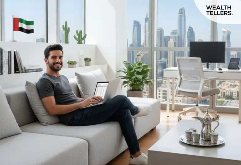 Smiling man working on laptop in modern Dubai apartment with UAE flag, skyline view, and Arabic coffee set on table.