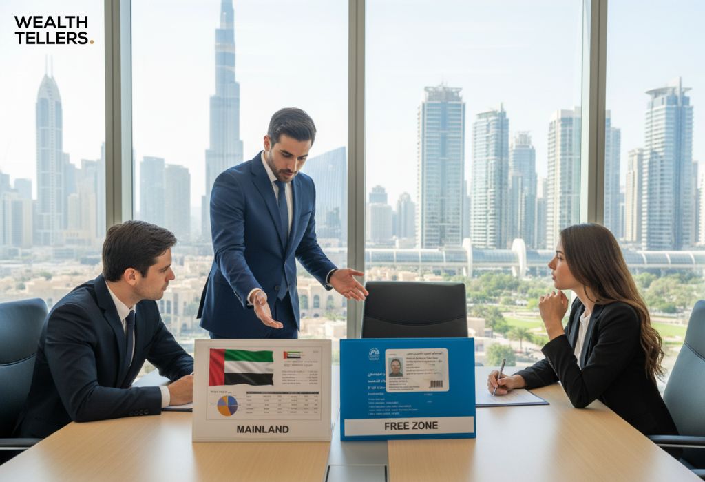 Business consultant explaining Mainland vs Free Zone license differences in Dubai office with skyline view.