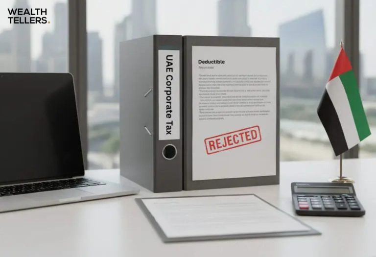 File labeled “UAE Corporate Tax” with a rejected deductible document beside a UAE flag, laptop, and calculator.