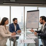Business meeting in Dubai office discussing Free Zone vs Mainland licenses with Burj Khalifa visible through window.