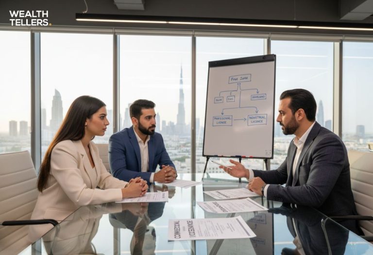 Business meeting in Dubai office discussing Free Zone vs Mainland licenses with Burj Khalifa visible through window.