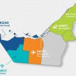Map of UAE showing major free zones: KIZAD Abu Dhabi, DMCC Dubai, DAFFA Dubai, and RAKEZ Ras Al Khaimah.
