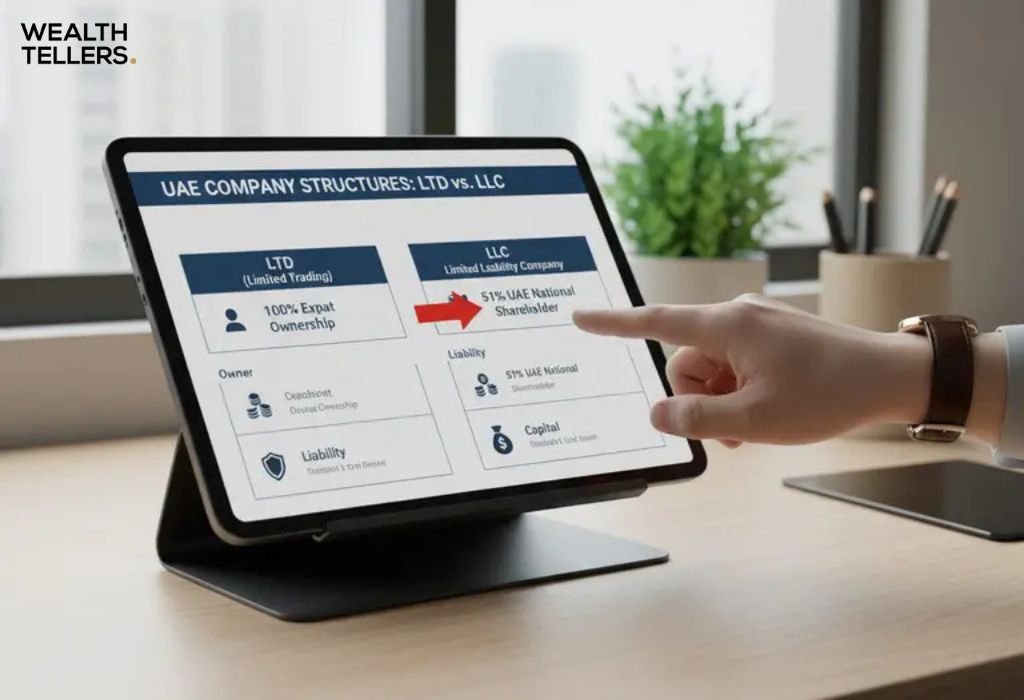 A person points to a tablet screen showing a comparison of UAE company structures, LTD vs LLC, in an office.