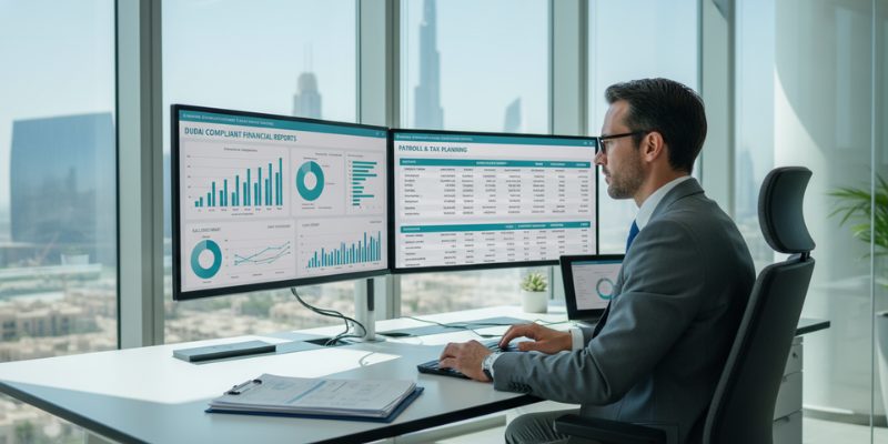 Accountant preparing Dubai-compliant reports with payroll and tax planning dashboards on screen