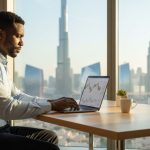 Businessman analyzing financial charts on laptop in Dubai office with city skyline view.