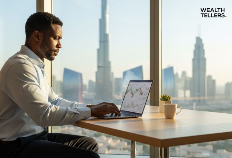 Businessman analyzing financial charts on laptop in Dubai office with city skyline view.