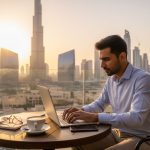 Man working on laptop at Dubai rooftop café with city skyline, symbolizing entrepreneurship.