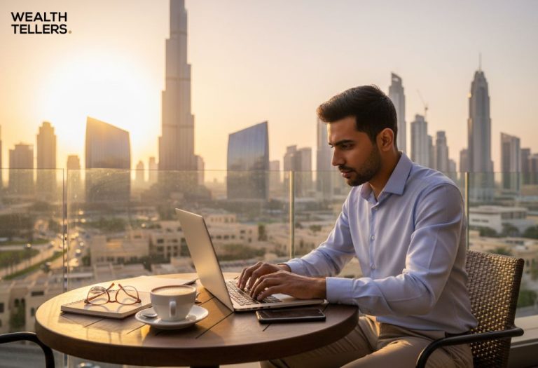 Man working on laptop at Dubai rooftop café with city skyline, symbolizing entrepreneurship.