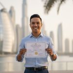 Smiling entrepreneur holding Dubai trade license with city skyline in the background.