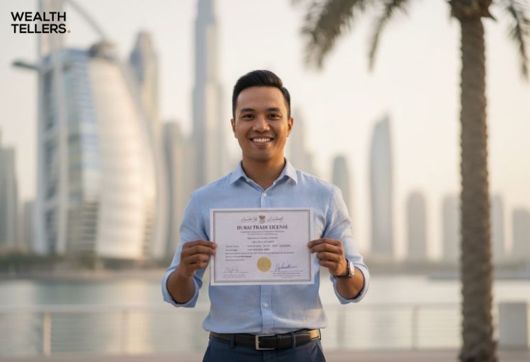 Smiling entrepreneur holding Dubai trade license with city skyline in the background.