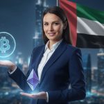 Businesswoman holding Bitcoin and Ethereum icons with UAE flag, symbolizing crypto business in Dubai.