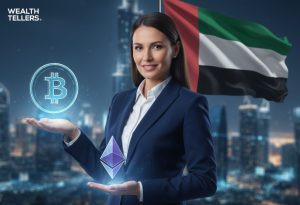 Businesswoman holding Bitcoin and Ethereum icons with UAE flag, symbolizing crypto business in Dubai.