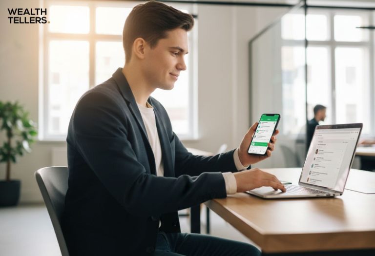 Young professional using laptop and smartphone in modern office, managing online business tasks.