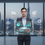 Businesswoman in Dubai office holding holographic charts showing growth, vision, and strategy for business planning.