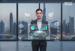 Businesswoman in Dubai office holding holographic charts showing growth, vision, and strategy for business planning.