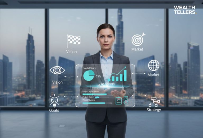 Businesswoman in Dubai office holding holographic charts showing growth, vision, and strategy for business planning.