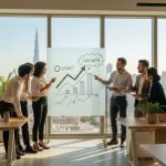 A diverse business team in a Dubai office discussing growth strategy with charts drawn on a glass wall.