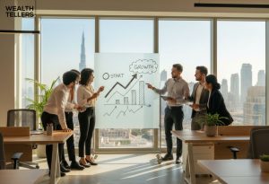 A diverse business team in a Dubai office discussing growth strategy with charts drawn on a glass wall.