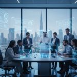 Business team in Dubai meeting room using futuristic digital dashboards for data analysis.