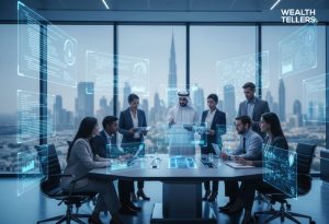 Business team in Dubai meeting room using futuristic digital dashboards for data analysis.