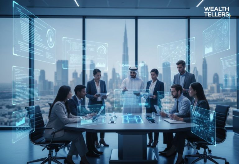 Business team in Dubai meeting room using futuristic digital dashboards for data analysis.