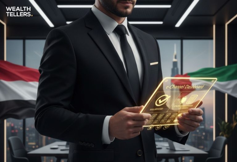 Digital tablet displaying UAE e-Channel system used for business setup and immigration services