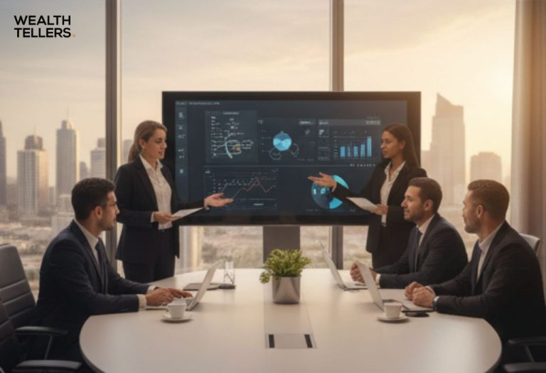 Business professionals in Dubai office presenting financial data on digital screen during meeting.