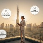 A confident businesswoman stands on a Dubai rooftop with Burj Khalifa view, analyzing market challenges and competition.