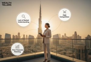 A confident businesswoman stands on a Dubai rooftop with Burj Khalifa view, analyzing market challenges and competition.