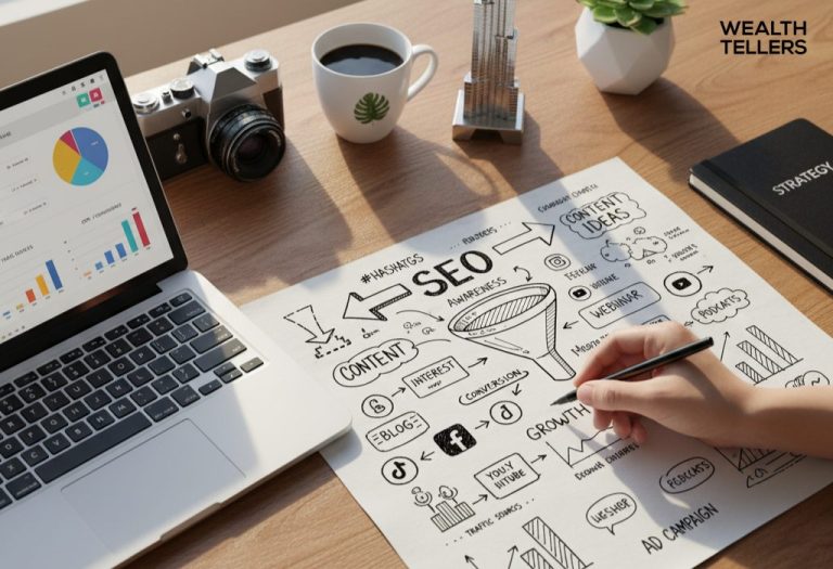 A desktop with a laptop, coffee cup, camera, and a hand sketching an SEO strategy diagram on white paper in natural light.
