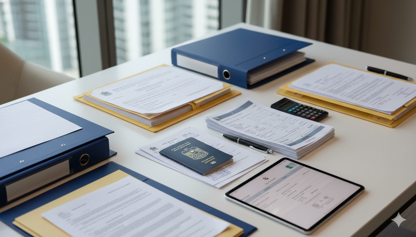 Organised file folders, passport and financial documents laid out for a UAE Golden Visa application
