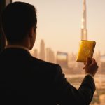 A businessman stands in front of a Dubai skyline window, holding a golden passport toward Burj Khalifa at sunset.