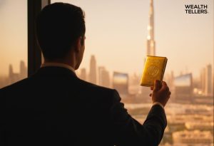 A businessman stands in front of a Dubai skyline window, holding a golden passport toward Burj Khalifa at sunset.