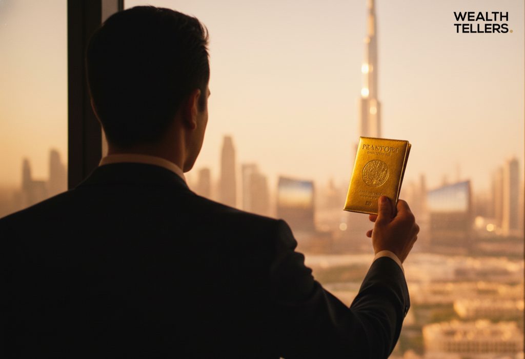 A businessman stands in front of a Dubai skyline window, holding a golden passport toward Burj Khalifa at sunset.
