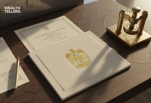 Official UAE documents, a gold emblem folder, a gold pen, and a traditional embossing stamp arranged on a wooden desk.