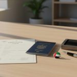 A UAE freezone visa document, an Emirati passport, a UAE flag pin, and a fountain pen arranged neatly on a bright office desk.