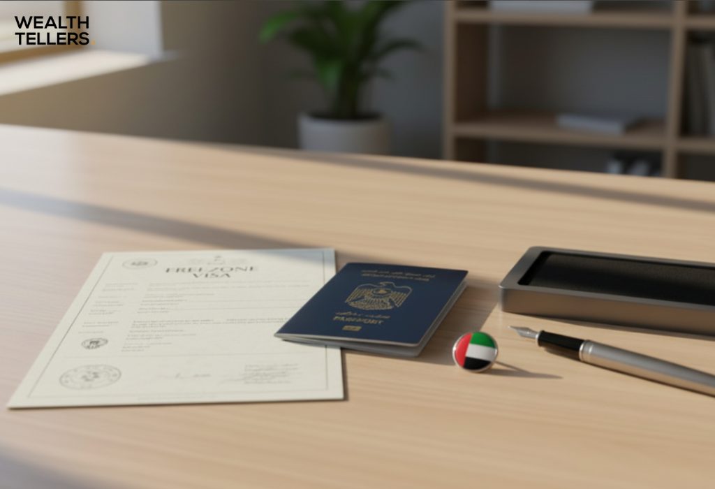 A UAE freezone visa document, an Emirati passport, a UAE flag pin, and a fountain pen arranged neatly on a bright office desk.