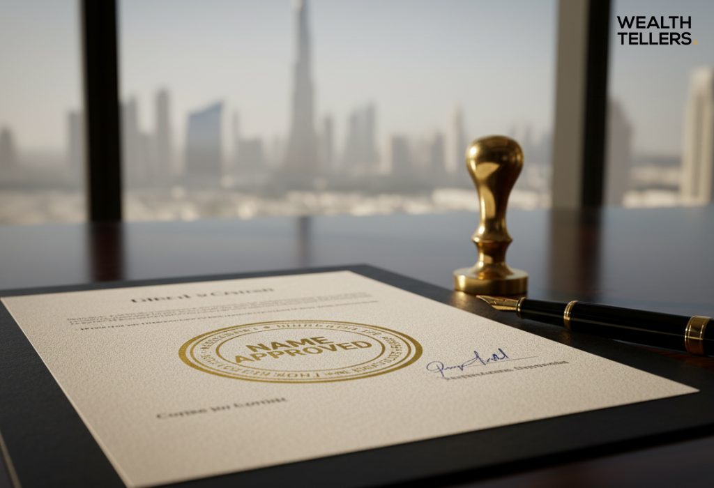 A name approval certificate with a gold seal, pen, and stamp on a desk, with the Dubai skyline blurred in the background.