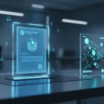 A glowing holographic UAE trade license displayed in a futuristic office, with digital network graphics beside it.